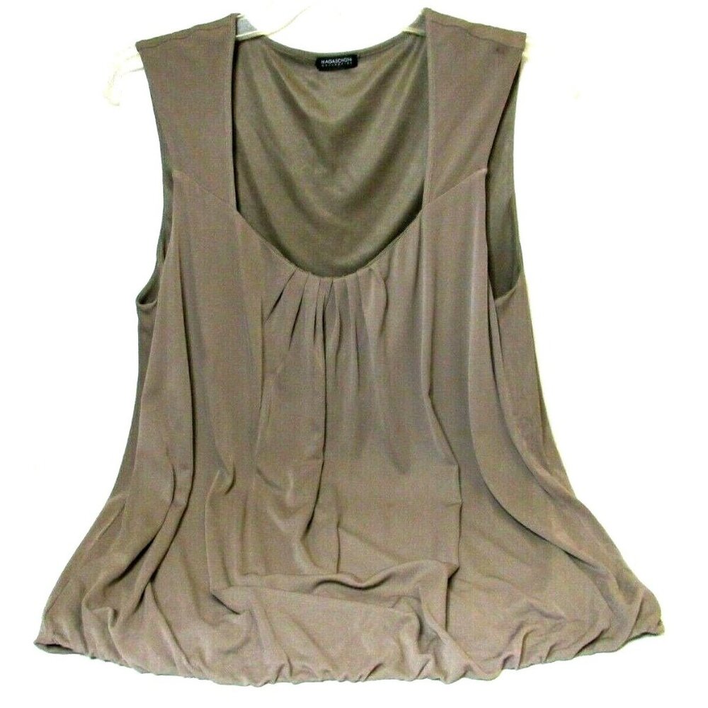 Magaschoni Collection Blouse Top L Taupe Blouson Ruched Neckline Sleeveless